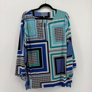 JM Collection Womens Geometric Print Bell Sleeve Top Size L Blue White